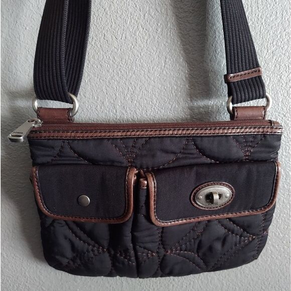 Fossil Key Per Black Quilted Crossbody Shoulder Bag Purse Brown Leather Trim - Picture 2 of 6